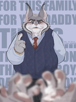 anthro clothing duo fur grey_body grey_fur male mature_male paws suit sweater text topwear lao_renjia2006 disney zootopia milton_lynxley pawbert_lynxley canada_lynx felid feline lynx mammal 3:4 absurd_res english_text hi_res father_(lore) father_and_child_(lore) father_and_son_(lore) parent_(lore) parent_and_child_(lore) parent_and_son_(lore) son_(lore)