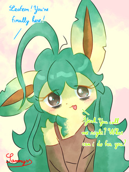 anthro anthrofied blush brown_clothing brown_eyes brown_inner_ear brown_topwear clothing eye_bags eyelashes female fur green_ears green_hair hair long_hair looking_at_viewer open_mouth pokemorph solo talking_to_viewer text topwear yellow_body yellow_ears yellow_fur conditional_dnp xammyxx nintendo pokemon fan_character eeveelution generation_4_pokemon leafeon pokemon_(species) 2025 3:4 absurd_res digital_media_(artwork) english_text hi_res ibispaint_(artwork) signature watermark
