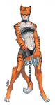 anthro athletic athletic_anthro athletic_female black_body black_fur breasts chain collar female fur looking_at_viewer orange_body orange_fur pink_nose scar simple_background solo stripes tattoo under_boob white_background white_body white_fur yellow_eyes luigiix wild_(ionic44) felid mammal pantherine tiger hi_res