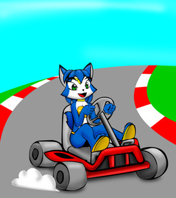 anthro blue_body blue_fur blue_hair female fur hair racetrack solo white_body white_fur joness2 mario_bros mario_kart nintendo star_fox krystal_(star_fox) canid canine fox mammal crossover