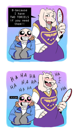 anthro blush bone breasts clothed clothing dress duo female fur hair happy heart_symbol hoodie horn laugh male mirror open_mouth simple_background skeleton skull smile teeth text tongue topwear white_body white_fur m1nktank undertale undertale_(series) sans_(undertale) toriel animated_skeleton boss_monster_(undertale) bovid caprine mammal undead 2015 absurd_res comic english_text hi_res