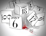 anthro blood blood_splatter bodily_fluids calendar crush cube death female gore humor july_(month) number severed_body_part severed_hand simple_background solo symbolism white_background twistcmyk twist_(twistcmyk) black_and_white_and_red digital_drawing_(artwork) digital_media_(artwork) hi_res