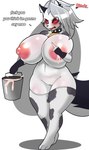 animal_print anthro big_breasts blush bodily_fluids body_blush breast_blush breasts bucket clothing collar container cow_print ear_piercing female genitals holding_bucket holding_container holding_object huge_breasts hyper hyper_breasts lactating legwear nipples piercing profanity pussy simple_background solo spiked_collar spikes text thigh_highs white_background ribiruby helluva_boss mythology loona_(helluva_boss) canid canid_demon canine demon hellhound mammal mythological_canine mythological_creature absurd_res english_text hi_res