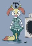 anthro big_shirt blush bodily_fluids button_(fastener) clothing cum dirty female forced genital_fluids humiliation shirt solo topwear creamygrapes nintendo pokemon braixen generation_6_pokemon pokemon_(species) hi_res