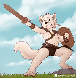 4_fingers 4_toes angry anthro arm_wraps barefoot biped black_claws black_clothing black_eyebrows black_underwear blue_eyes bottomwear braided_hair claws clenched_teeth clothed clothing cloud day eyebrows feet fingers fur grass hair harness holding_melee_weapon holding_object holding_shield holding_sword holding_weapon loincloth male melee_weapon navel outside plant practice_sword shield shoulder_guards sky solo standing step_pose sword tail teeth text toe_claws toes underwear weapon white_body white_fur white_hair white_tail wooden_sword wraps yellow_body yellow_fur young young_anthro young_male iztli canid canine canis mammal wolf 2020 digital_media_(artwork) english_text hi_res shaded url