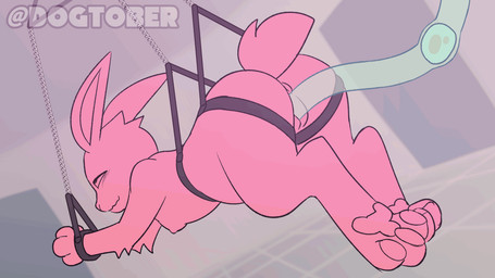 3_toes ambiguous_gender anthro bdsm curling_toes egg egg_insertion feet genitals harness oviposition ovipositor_in_pussy penetration restrained restraints solo suspension toes vaginal vaginal_penetration vulva dogtober east_(dogtober) lagomorph leporid mammal rabbit 16:9 2d_animation animated frame_by_frame widescreen