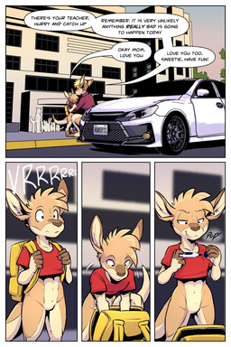 5_fingers anthro backpack blonde_hair bottomless breasts brown_body brown_fur car clothed clothing crouching dialogue duo featureless_crotch female fingers fur hair male marker motion_lines multicolored_body multicolored_fur narrowed_eyes onomatopoeia outside short_hair sound_effects standing tail tan_body tan_fur text vehicle young conditional_dnp jonas rick_griffin adrian_gray ali_gray kangaroo macropod mammal marsupial 2:3 comic english_text hi_res mother_(lore) mother_and_child_(lore) mother_and_son_(lore) parent_(lore) parent_and_child_(lore) parent_and_son_(lore) son_(lore)