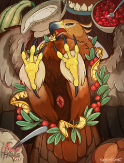 4_toes animal_genitalia anisodactyl avian_butt avian_feet beak berry biped bipedal_feral bodily_fluids bowl brown_body brown_feathers character_prepared_as_food claws cloaca container cum cum_in_bowl cum_in_container cutlery dairy_products digitigrade exposed feathered_wings feathers feet female female_feral feral flower food fruit furniture genital_fluids genitals gourd half-closed_eyes hindpaw holidays innuendo kitchen_utensils legs_up liquid looking_at_viewer lying narrowed_eyes on_back on_display open_mouth paws plant plate presenting presenting_cloaca round_cloaca solo spoon spread_eagle table talons toe_claws toes tongue tools whipped_cream wings yellow_eyes conditional_dnp sefeiren frisky_ferals no_harm_no_fowl thanksgiving addison_(frisky_ferals) accipitrid accipitriform avian bird eagle golden_eagle true_eagle hi_res