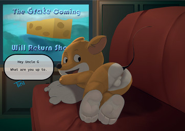 3_toes anthro backsack balls black_nose cheese dairy_products dialogue electronics feet food furniture genitals male open_mouth pillow sofa solo television text toes white_body young tirildraws_(artist) geronimo_stilton_(series) benjamin_stilton mammal mouse murid murine rodent 2026 english_text
