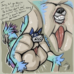 abdominal_bulge anal anal_vore animal_genitalia anus belly_humping big_butt body_in_anus butt duo fangs fangs_bared feet_first genital_slit genitals head_in_ass penis size_difference tail tapering_penis teeth thick_tail vore arkailart capcom monster_hunter avian bird_wyvern canid canine canyne mammal palamute seikret 1:1 absurd_res hi_res