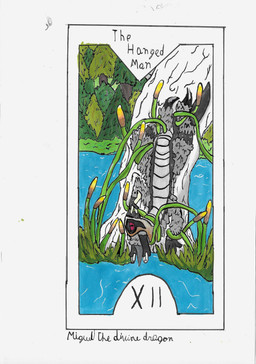 card card_template feral major_arcana male solo tail tarot tarot_card text the_hanged_man_(tarot) miguel_the_divine_dragon dragonscape mythology jat_(thepatchedragon) dinosaur dragon drekir mythological_creature mythological_scalie prehistoric_species reptile scalie theropod 2025 absurd_res english_text hi_res traditional_media_(artwork)