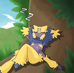 4_arms anthro areola big_breasts blue_body blue_fur breasts eyelashes eyes_closed female front_view fur genitals hands_behind_head multi_arm multi_limb neck_tuft nipples pokemorph purple_areola purple_nipples sitting sleeping solo sound_effects thick_thighs tuft vowelless vowelless_sound_effect vulva wide_hips yellow_body yellow_fur zzz gallo_wazavi nintendo pokemon galvantula generation_5_pokemon pokemon_(species) hi_res