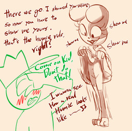 age_difference anthro asking barefoot blush bottomless bottomless_anthro bottomless_female buckteeth clothed clothing color_coded_text covering covering_face dialogue duo eyelashes featureless_crotch feet female hand_on_face happy hat headgear headwear hoodie hoodie_only looking_down male male/female multicolored_body nude nude_female partially_clothed presenting short_ears simple_background slim smile standing talking_to_another teeth text tiptoes topwear topwear_only two_tone_body young young_anthro young_female younger_anthro younger_female soulcentinel five_nights_at_freddy's roommates:motha scottgames mike_schmidt vanny_(fnaf) vanny_(soulcentinel) human lagomorph leporid mammal rabbit english_text sketch