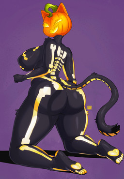 anthro arm_tuft big_breasts big_butt black_body black_fur breasts butt featureless_breasts feet female for_a_head fur huge_butt kneeling nude pawpads pumpkin_head shoulder_tuft side_boob solo text thick_thighs tuft wide_hips spongebandimark epic_games fortnite spice_(fortnite) domestic_cat felid feline felis mammal object_head 2025 absurd_res artist_name hi_res