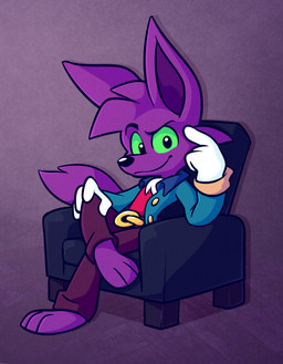 3_toes anthro barefoot belt_buckle blue_clothing blue_jacket blue_topwear buckle chair clothing crossed_legs eyebrows feet fur furniture gloves gradient_background green_sclera hand_on_knee hand_on_leg handwear jacket looking_at_viewer male purple_body purple_feet purple_fur raised_eyebrow recliner red_clothing red_shirt red_topwear shirt shoeless simple_background sitting smile solo toes toony topwear white_clothing white_gloves white_handwear muggyy canid canine canis mammal wolf 2022 hi_res