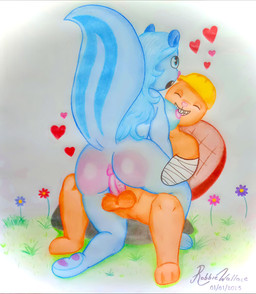 anal anal_penetration anthro balls bite blue_body breast_bite breast_play breasts butt duo female flower genitals grass_field male male/female missing_arm nipples orange_body penetration penis pink_butt plant rock sex simple_background robbiewallace happy_tree_friends handy_(htf) petunia_(htf) beaver mammal mephitid rodent skunk absurd_res hi_res traditional_media_(artwork)