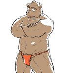 anthro asian_clothing brown_body clothing east_asian_clothing fundoshi humanoid_hands japanese_clothing kemono male navel pubes red_clothing red_fundoshi red_underwear simple_background solo underwear white_background oogamikennta bear mammal 2024