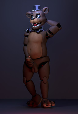 3_toes anthro balls black_bow_tie blue_eyes bow_tie brown_balls brown_body brown_penis clothing erection fangs feet genitals glans glistening glistening_bow_tie glistening_clothing glistening_hat glistening_headgear glistening_headwear half-closed_eyes hand_behind_head hand_on_penis hat headgear headwear machine male masturbation narrowed_eyes open_mouth open_smile pawpads penile penile_masturbation penis sharp_teeth slightly_chubby slightly_chubby_anthro slightly_chubby_male smile smiling_at_viewer solo standing teeth toes tongue top_hat jizzyfox jizzyfox_(modeler) five_nights_at_freddy's scottgames freddy_(fnaf) animatronic bear mammal robot robot_anthro 3d_(artwork) digital_media_(artwork) full-length_portrait portrait