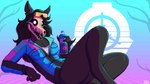 anthro black_body black_fur black_hair bone bottomless breasts cleavage clothed clothing female fur grid hair jacket looking_at_viewer open_mouth open_smile skull smile solo topwear vaporwave visor keadanger fiji_water scp_foundation scp-1471-a canid canine malo mammal 16:9 2019 4k absurd_res hi_res widescreen