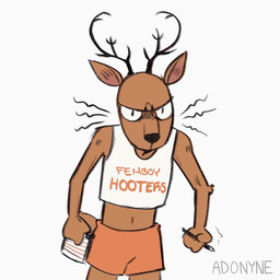angry anthro antlers biped blush bodily_fluids bottomwear brown_body brown_fur clothing crop_top fur holding_object hooters_uniform horn male midriff navel shirt shorts simple_background solo sweat sweatdrop tank_top text text_on_clothing text_on_shirt text_on_tank_top text_on_topwear topwear white_background adonyne beastars femboy_hooters hooters louis_(beastars) cervine deer mammal red_deer 1:1 2020 alternate_version_at_source english_text hi_res signature