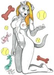 anthro areola ball blonde_hair breasts dog_tail dog_toy female fur genitals hair looking_at_viewer nipples nude nude_anthro nude_female plushie pose pussy simple_background solo tail tennis_ball white_body white_fur terrie_smith canid canine canis domestic_dog mammal pit_bull pinup signature traditional_media_(artwork)