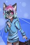 anthro black_nose blue_eyes bottomless clothed clothing eyebrows femboy fur hair heterochromia hoodie male multicolored_eyes open_mouth pink_eyes raised_eyebrows simple_background smile solo teeth tongue topwear blackbird_(artist) alexis_(breathoftime) canid canine canis domestic_dog husky mammal nordic_sled_dog spitz 2016 digital_media_(artwork) hi_res