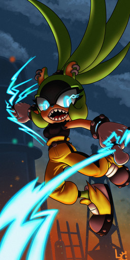 anthro black_clothing blue_eyes bracelet clothing ear_piercing ear_ring electricity female glowing glowing_eyes green_body jewelry legwear open_mouth pattern_clothing pattern_legwear piercing ring ring_piercing sharp_teeth short_tail solo striped_clothing striped_legwear stripes tail teeth topknot fuzzycogs idw_publishing sega sonic_the_hedgehog_(comics) sonic_the_hedgehog_(idw) sonic_the_hedgehog_(series) surge_the_tenrec afrosoricid mammal tenrec absurd_res hi_res
