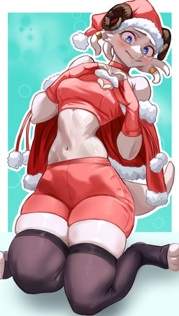 3_toes absolute_territory anthro black_clothing black_horn black_legwear black_stockings blue_eyes blush border bottomwear breasts cape choker christmas_clothing christmas_headwear clothing curled_horn feet female fingerless_gloves fur gloves handwear hat headgear headwear holidays horn jewelry kneeling legwear medium_breasts necklace pink_bottomwear pink_cape pink_choker pink_clothing pink_gloves pink_handwear pink_hat pink_headwear pink_jewelry pink_necklace pink_shirt pink_shorts pink_topwear pupils santa_hat shirt shorts simple_background solo stockings teal_background tight_clothing toeless_legwear toeless_stockings toes topwear white_body white_border white_fur white_pupils vlizz christmas unknown_species absurd_res character_request hi_res