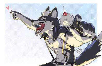 anthro belt black_body black_bottomwear black_clothing black_fur black_pants bottomwear cherry clothed clothing dessert electronics eyes_closed food fruit fur gradient_background hair heart_symbol holding_microphone holding_object ice_cream long_hair male microphone open_mouth pants pink_tongue plant simple_background solo suspenders tongue topless topless_male white_body white_fur white_hair tro_pikaru utau baion_urushi canid canine canis mammal wolf hi_res