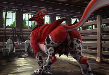 anus beak big_teats butt clothing collar cowprint_leggings feathered_wings feathers female female_feral feral genitals livestock_tag machine milking_machine open_beak open_mouth presenting presenting_hindquarters red_body solo teats udders vulva wings apelairplane mythology avian gryphon mythological_avian mythological_creature hi_res