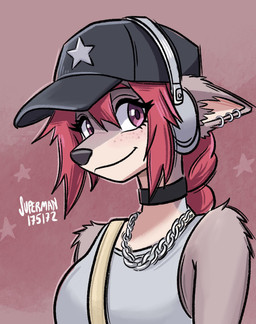 anthro chain_necklace choker clothing ear_piercing ear_ring electronics eyelashes female freckled_face freckles hat headgear headphones headwear jewelry long_eyelashes looking_at_viewer necklace piercing ring_piercing smile solo superman175172 canid canine mammal hi_res