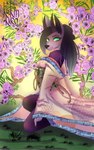 anthro asian_clothing branch claws clothing east_asian_clothing female flower fur fur_markings grass green_eyes hair horn japanese_clothing kimono leaf long_hair looking_at_viewer markings pink_clothing pink_flower pink_kimono plant purple_body purple_claws purple_fur purple_hair purple_nose smile smiling_at_viewer solo straight_horn korinkuroni kristal_carol canid canine canis demon mammal wolf 5:8 hi_res signature