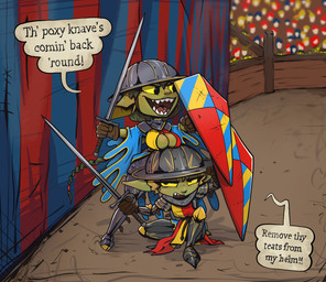 armor biped breasts clothed clothing dialogue duo eyelashes female green_body headgear helmet holding_object holding_weapon melee_weapon not_furry open_mouth pupils sharp_teeth shield short_stack smile speech_bubble sword teeth text thick_thighs weapon bonnytoad goblin humanoid absurd_res english_text hi_res