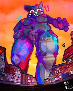 anthro biped breasts detailed_background female female_anthro fur genitals looking_at_viewer low-angle_view macro macro_anthro macro_female nipples nude solo sizefiasco night_in_the_woods mae_borowski domestic_cat felid feline felis mammal absurd_res colored digital_media_(artwork) hi_res