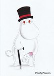 anthro balls bodily_fluids clothing dripping erection genital_fluids genitals hat headgear headwear male nude penis precum precum_drip precum_on_penis simple_background solo top_hat daddypassion the_moomins moominpappa moomin hi_res