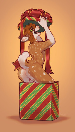anthro balls brown_body brown_fur brown_hair butt christmas_present eyewear eyewear_only fluffy fluffy_tail fur genitals gift glasses glasses_only green_eyes hair male nude nude_male open_mouth smile solo spots spotted_arms spotted_back spotted_butt spotted_legs spotted_shoulders spotted_thighs tail wearing_glasses seraphictiger dallas_(gingersnaps) deer mammal