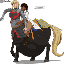 after_vore armor belly big_belly blonde_hair brown_body brown_hair brown_skin eyewear female female_pred glasses group hair overweight simple_background speech_bubble text vore white_background a0iisa european_mythology greek_mythology mythology centaur equid equid_taur human humanoid_taur mammal mammal_taur taur 2025 hi_res
