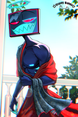 4_fingers abs bedroom_eyes blue_body blue_eyes blue_skin blue_sky claws clothed clothing day electronics finger_claws fingers for_a_head looking_at_viewer male muscular muscular_humanoid muscular_male narrowed_eyes not_furry off_shoulder outside pecs pupils red_clothing red_robe red_sclera robe screen screen_face seductive sharp_teeth sky slit_pupils smile solo teeth television text tv_antenna dopeybunni hazbin_hotel hellaverse vox_(hazbin_hotel) demon demon_humanoid humanoid object_head screen_head tv_head 2026 absurd_res anaglyph artist_name digital_drawing_(artwork) digital_media_(artwork) hi_res stereogram watermark