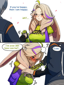 anthro blush clothing dialogue duo eyewear female glasses green_clothing green_shirt green_topwear grey_hair hair jacket male male/female shirt simple_background speech_bubble text topwear white_background white_hair dorahdew mihoyo zenless_zone_zero asha_(zenless_zone_zero) wise_(zenless_zone_zero) human lagomorph leporid mammal rabbit thiren 2024 absurd_res comic english_text hi_res