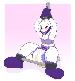 ageplay anthro bdsm blush bodily_fluids bondage bound clothed clothing diaper female gag genital_fluids infantilism pacifier pacifier_gag red_eyes roleplay simple_background solo submissive submissive_female unclean_diaper urine used_diaper watersports wearing_diaper wet_diaper wetness_indicator wetting sylph-space undertale undertale_(series) toriel boss_monster_(undertale) bovid caprine mammal hi_res