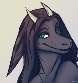 anthro blue_eyes closed_smile dark_body dark_hair female glistening glistening_eyes grey_body grey_ears grey_hair grey_inner_ear hair horn mouth_closed nude simple_background smile solo text white_horn unknowhiter mythology dragon mythological_creature mythological_scalie scalie 2015 artist_name bust_portrait portrait