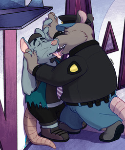 anthro bottomwear clothing detailed_background duo hat headgear headwear humanoid_hands kemono kissing male male/male pants pink_nose shirt slightly_chubby tongue tongue_out topwear nookdae brok_the_investigator cowcat_games guard_(brok_the_investigator) hacker_(brok_the_investigator) mammal mouse murid murine rat rodent 2025 5:6 absurd_res hi_res