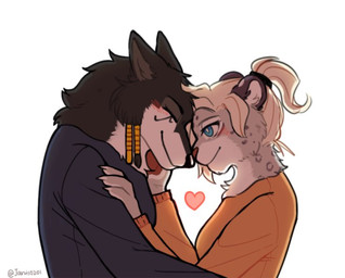anthro biped black_body black_clothing black_fur blonde_hair blue_eyes cheek_blush clothing duo eyes_closed female foreheads_touching fur grey_body grey_fur hair heart_symbol male nose_to_nose on_chest orange_clothing pawpads paws pink_pawpads raised_paw smile smiling_at_another smiling_at_partner white_body white_fur jarvis0201 blizzard_entertainment overwatch mercy_(overwatch) pharah_(overwatch) canid canine canis felid mammal pantherine snow_leopard wolf
