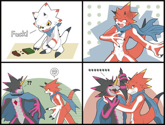 angry anthro black_body black_sclera candy chocolate dessert dialogue food group horn humor male profanity red_body text trio white_body young tmdduq6918 bandai_namco digimon betelgammamon digimon_(species) gammamon gulusgammamon scalie comic english_text hi_res