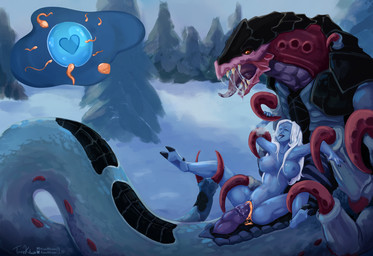 blue_body blue_skin bodily_fluids breath colored_cum cum cum_inside duo female forest genital_fluids hair hook hook_hand hooved_toes hooves impregnation_view looking_pleasured male male/female orange_cum outside_sex plant restrained saliva saliva_string sex snow spread_legs spreading teratophilia tree unusual_bodily_fluids unusual_cum unusual_genital_fluids white_hair tsunekitsune warhammer_(franchise) warhammer_40000 humanoid t'au_(warhammer) tyrannid