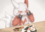 2017 amearare anthro blush bodily_fluids claws crying destroyed_food fish food fur furniture generation_3_pokemon half-closed_eyes male marine narrowed_eyes nintendo open_mouth pokemon pokemon_(species) red_body red_fur rice sad salmon salmonid_(fish) semi-anthro simple_background snot solo sushi table tail tears upset white_background white_body white_fur zangoose zangoose_day