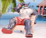anthro arm_markings arm_scar barazoku beach bench biceps black_sclera blue_body blue_scales blue_sky boat chest_markings chin_scar claws clock clothing day elbow_fin eyewear eyewear_on_head fin fin_scar finger_claws flip_flops footwear furniture gills gold_markings green_eyes holding_eyewear holding_object holding_sunglasses hut jewelry leg_scar lifeguard male markings muscular muscular_anthro muscular_male necklace notched_fin on_bench outside palm_tree parasail pier plant red_clothing red_flip_flops red_footwear red_shoes red_swimming_trunks red_swimwear sailing_boat sailing_watercraft sails sand sandals scales scar sea sharp_teeth shirt shoes shoulder_markings sitting sitting_on_bench sky solo sunglasses sunglasses_on_head swimming_trunks swimwear tank_top teeth thigh_scar toe_claws topwear tree vehicle vein veiny_muscles watch water watercraft white_body white_clothing white_scales white_shirt white_tank_top white_topwear wood wood_bench wood_furniture wristwatch hirunet chiefkaine_(modeler) alvintanubis dylan_(alvintanubis) fish marine shark 2025 3d_(artwork) digital_media_(artwork) hi_res