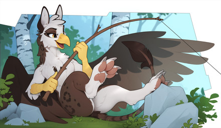 anthro beak butt claws feathers feet fingers fur inner_ear_fluff male outside scutes smile solo spots stripes tail toes tongue tuft wings yakovlev-vad mythology avian gryphon mythological_avian mythological_creature 2026 digital_drawing_(artwork) digital_media_(artwork) hi_res
