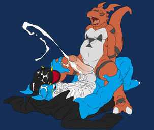 abs anal anal_orgasm anal_penetration anthro balls belly biceps big_penis black_body black_scales blue_body blue_scales blue_skin bodily_fluids bottomless claws clothed clothing cowgirl_position cum cum_inside cum_on_balls cum_on_belly cum_on_body cum_on_chest cum_on_face cum_on_head cum_on_penis cum_string cum_while_penetrated cumshot digital_hazard duo ejaculation erection eyes_closed fangs foreskin from_front_position genital_fluids genitals grin hands-free hat headgear headwear horn humanoid_genitalia humanoid_penis jacket looking_pleasured lying male male/male male_on_bottom male_on_top male_penetrated male_penetrating male_penetrating_male markings messy muscular muscular_male nude on_back on_bottom on_top open_mouth orgasm orgasm_face pecs penetration penis red_body red_eyes red_scales retracted_foreskin scales sex simple_background slightly_chubby smile spread_legs spreading straddling symbol tail teeth toe_claws tongue topwear transparent_background white_body white_scales third-party_edit wolfblade bandai_namco digimon digimon_(species) guilmon scalie veemon 2014 alpha_channel color_edit colored flat_colors