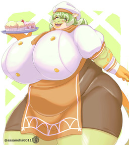 anthro apron baker big_breasts blush breasts cake clothing dessert double_breasted_suit female female_anthro food fur glistening_thighs green_body green_eyes green_fur green_hair hair hat headgear headwear holding_cake holding_food holding_object holding_plate huge_breasts lips open_mouth orange_apron orange_clothing orange_hands orange_lips overweight overweight_anthro overweight_female plate smile solo standing thick_thighs white_clothing white_hat white_headwear wide_hips sasanoha6011 common_hippopotamus hippopotamid mammal absurd_res hi_res